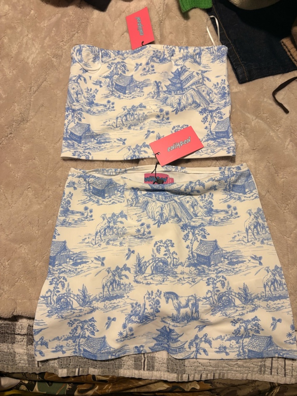 Edikted White and Blue Toile Mini Skirt